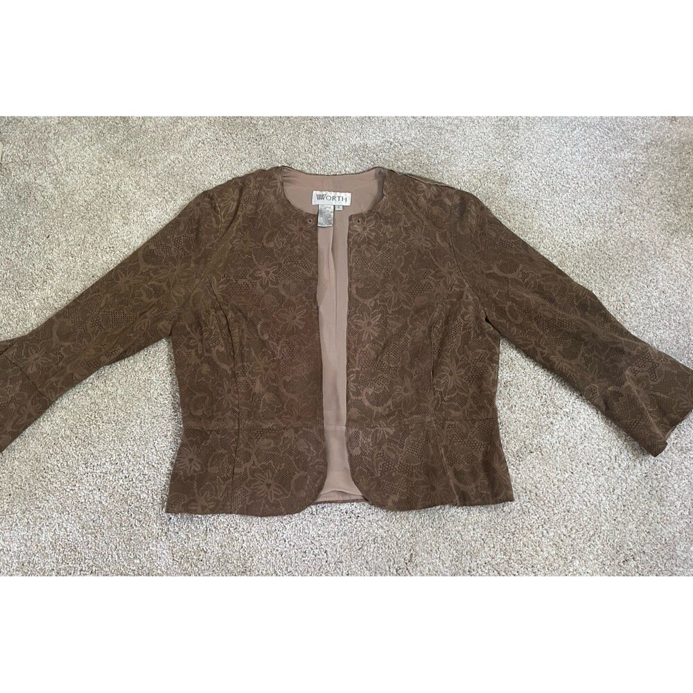 Worth Jacket Women's 8 Brown 100% Leather Laser Cut 3/4 Sleeve Lace Style Peplum